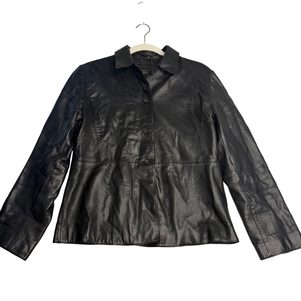 Banana Republic Black Leather Jacket Button Front Minimalist Quiet Luxury Size M